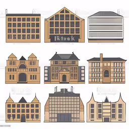 several architectural drawings showing different types of houses,several large wooden buildings with windows in different positions