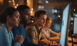 four employees using computers at night in a data lab
