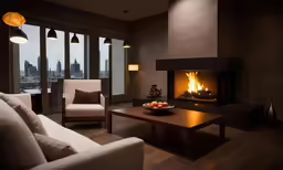 the living room with a fireplace is very neat and modern