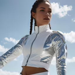 a young woman in a silver suit with braids standing with her hands in her pockets