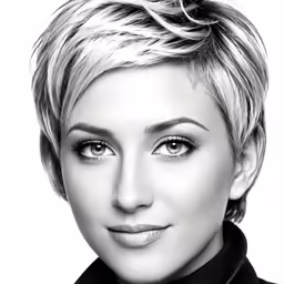 a female with short hair and makeup looking at the camera