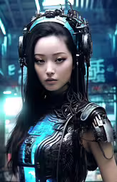 an alien woman in futuristic clothing with headphones,a futuristic woman is standing in a warehouse