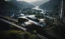 an animated image of a race car on a track in a green forest