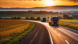 a truck drives on a road with a sunset in the background,a tractor trailer and truck driving down a highway at sunset