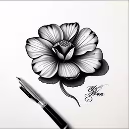 a black and white drawing of a flower,black and white flower drawing on paper
