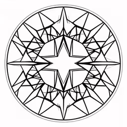 black and white image of a star in a circle,a star surrounded by lots of lines and triangles