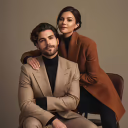 man and woman are sitting down in suits