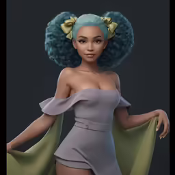 a 3d rendering of a woman with blue hair in grey dress