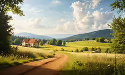 a house in a field with a road between it