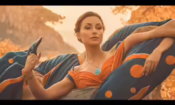 a woman in an orange dress is laying on a blue doted blanket