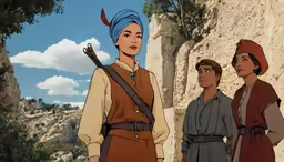 three avatars stand beside a narrow stone road