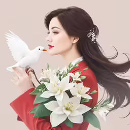 an asian girl in a red shirt and white flowers is blowing smoke from a white dove