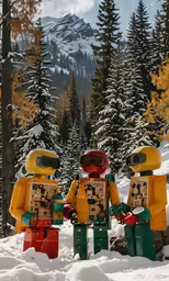 two toy figures in the snow are looking at each other