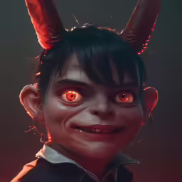 a close up of a person with horns and an evil look on their face