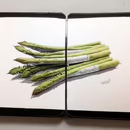 two book with a pencil drawing and different vegetables in them