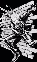 a man with an outstretched arms sitting against a brick wall