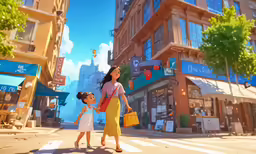 an older woman and a younger child are standing in the middle of the street