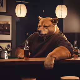 the dog in a sweater is at a table with two beer glasses