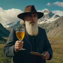 a man with long white beard and beard holding up a wine glass