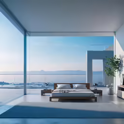 an all white bedroom with large glass walls and floor to ceiling windows
