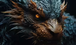 the eyes of an angry creature are glowing brightly