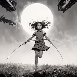 an artistic illustration of a woman jumping with wires