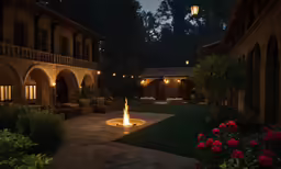 a patio and yard with light lit in the evening