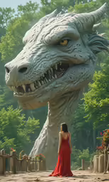 a girl standing in front of a dragon statue