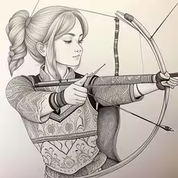 a girl with a bow aiming at a target,an archer is aiming at the target in this drawing