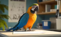 a colorful parrot perched on a table in an office