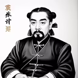 an oriental painting of a man in black and white
