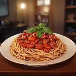 a plate that has noodles with tomato topping on it