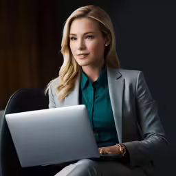 a woman sitting in a chair with her lap top