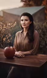 a woman sitting in front of a table with an apple on it