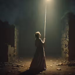 a woman holding a long stick as she stands in an open area