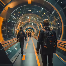 two men are walking in the tunnel with backpacks