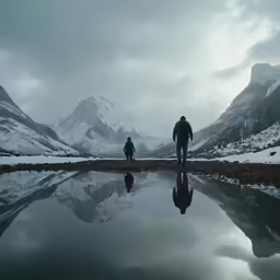 two people walking along a river with some snowy mountains behind them