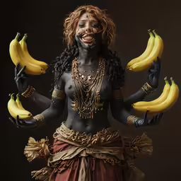 woman in black body paint and several bunches of bananas