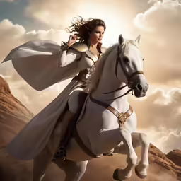 a young lady riding on top of a white horse