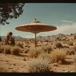 a person sitting at an outdoor table with desert scene in background