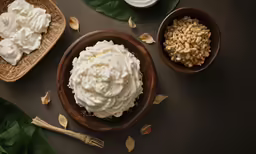three small bowls filled with whipped cream and oats