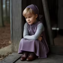 a little boy sitting next to an old structure