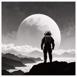an astronaut stands on a rock in front of a large moon,a man in an astronaut suit is standing with his hands on his hips as the moon shines in the distance