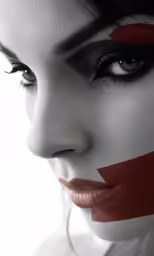 a beautiful woman wearing makeup with the colors of a england flag painted on her face