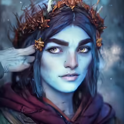 an elf with a crown of leaves is wearing a head piece