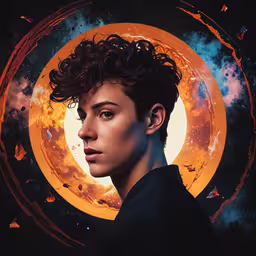 a digital painting with a young girl looking down,woman with black shirt in front of sun graphic