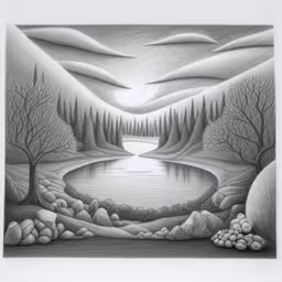 the painting is painted on the white board,a drawing of a lake and trees on a snowy landscape,a drawing of trees, bushes and the lake,drawing of a landscape with snow covered mountains,drawing of a forest and lake