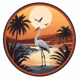 a painting of a bird and palm trees in the setting sun