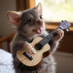 a small mouse playing a guitar on a bed