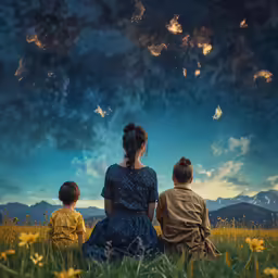 family sitting in a field looking at the sky